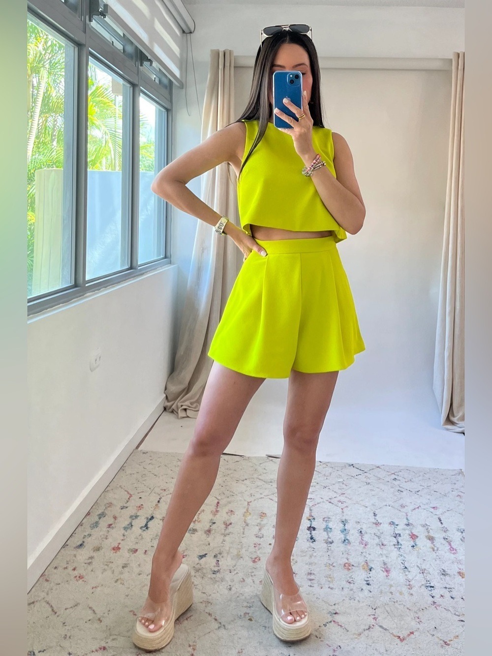 Miou Muse Textured Fabric Pleated High Rise Shorts Set in Lime